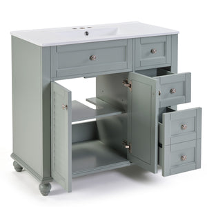 English Elm 36" Modern Grey Bathroom Vanity with Ceramic Sink, Solid Wood Frame, Soft-Close Drawers, Organizer Storage Blue+Grey W2896P344088