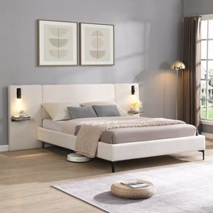 English Elm Christopher Knight Home® - Chic Boucle Upholstered Bed With Integrated Lighting & Shelves, Modern White Design, Queen Size N769P264793Q