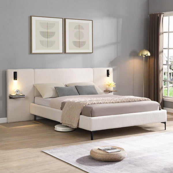 English Elm Christopher Knight Home® - Chic Boucle Upholstered Bed With Integrated Lighting & Shelves, Modern White Design, Queen Size N769P264793Q