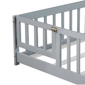 English Elm Twin Solid Rubberwood Floor Bed with Full Perimeter Safety Rails for Toddler Rooms Grey W504P296784