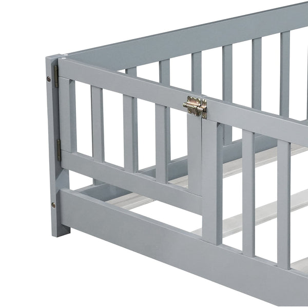 English Elm Twin Solid Rubberwood Floor Bed with Full Perimeter Safety Rails for Toddler Rooms Grey W504P296784