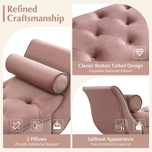 English Elm Upholstered Velvet Tufted Bench with Bolster Pillows Solid Oak Legs Bedroom Entryway Pink N761P304407H