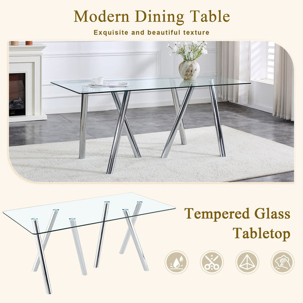 English Elm 71-inch Tempered Glass Dining Table Electroplated Metal Base Open Airy Modern Style White W3875S00005