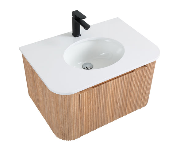 English Elm Arcora 30 Inch Wall Mounted Bathroom Vanity With Curved Sink, Wave Texture, Soft-Close Drawers & More W3235P336177
