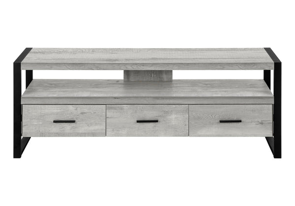 English Elm Tv Stand Rustic Reclaimed-Look 60 Inch Media Console with Open Shelf, 3 Metal Glide Drawers, Sturdy Frame Grey 61 L x 19 W x 8 H B2710P219135