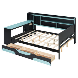 English Elm Queen Gaming Bed Frame with Desk Led Lighting Storage Drawers and Bookcase Headboard Black+Blue LP000290AAC
