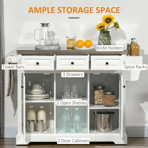 English Elm HOMCOM Stainless Steel Top Rolling Kitchen Island Cart with Drawers, Spice Rack, Cabinets, White W2225P200673