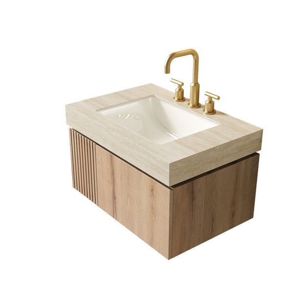 English Elm Muri Floating Bathroom Vanity Plywood Cabinet Travertine Stone Top White Oak Grain W2615S00612