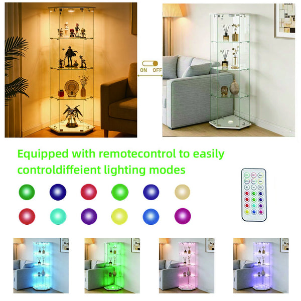 English Elm Tempered Glass Corner Display Cabinet with Rgb Lighting Locking Door and Adjustable Feet White W3155P449086