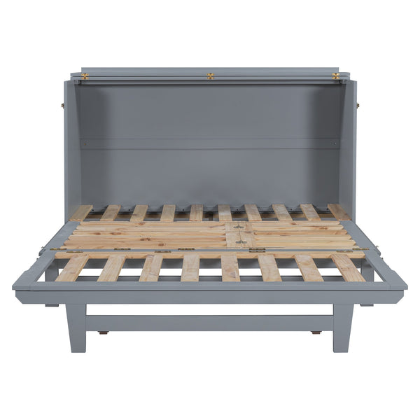 English Elm Murphy Queen Wall Bed with Frosted Glass Cabinet Facade Gold Legs Pine Frame Gray N820S00028E