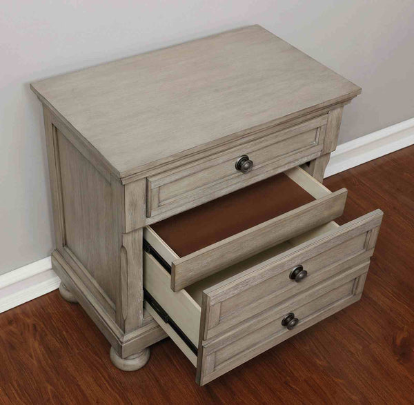 English Elm Contemporary Stone Top Nightstand Reeded Drawers Chrome Pulls Gray Bedroom Storage B2741P436976
