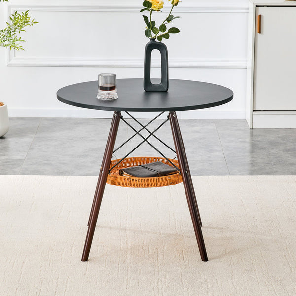 English Elm 31.5-inch Round Dining Table Solid Legs Woven Basket Storage Compact Modern Minimalist Walnut+Black W1151P431130
