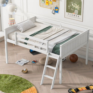 English Elm Full Low Loft Bed Pine Wood with Ladder & Guardrails, Space-Saving Play Area, Secure 350lb Capacity White WF531952AAK