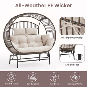 English Elm Oversized Pe Wicker Egg Glider Chair Two Person Patio Loveseat with Thick Cushions T3773P501788