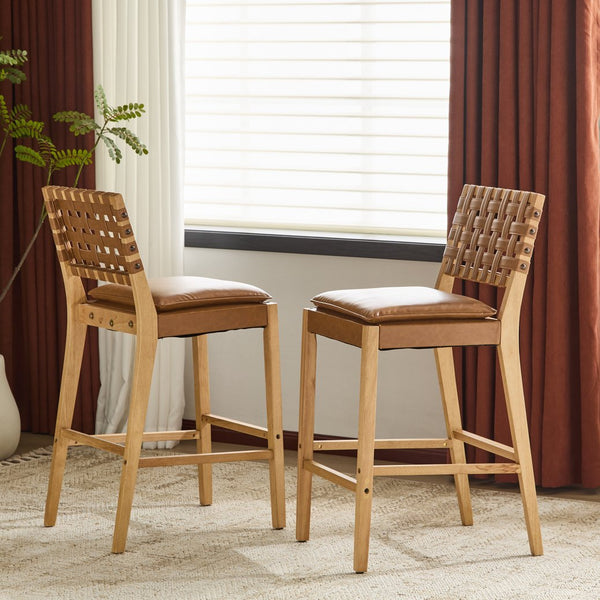 English Elm Christopher Knight Home® - Rieti PU Leather Barstools Set of 2 — Natural Rubberwood Frame, Geometric Crossback, Riveted Accents N775P271408B