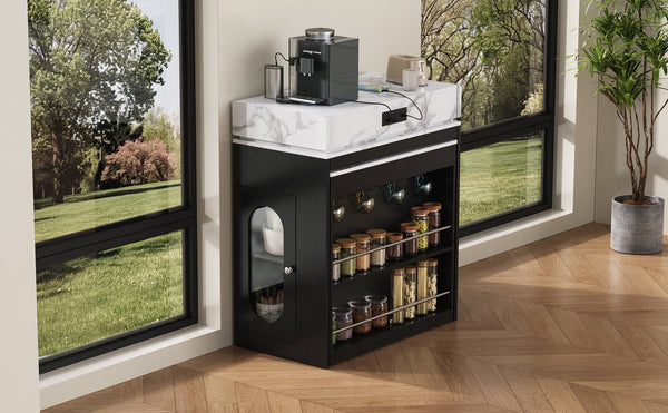 English Elm [video] Trexm Folding Extendable Kitchen Island Sideboard with Power Outlet and Storage XW000028AAB