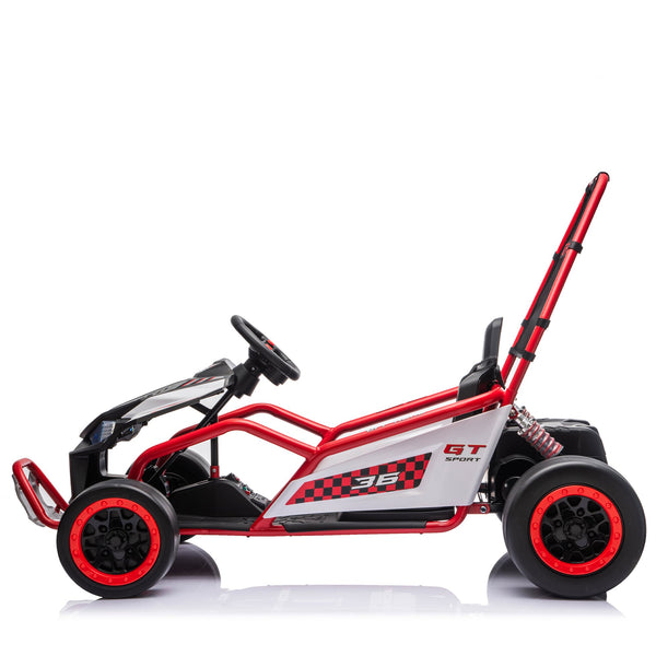 English Elm 24v Dual Motor Kids Go Kart with Drift Mode Roll Cage and Rear Suspension Ages 6 to 12 Red W1578P454055
