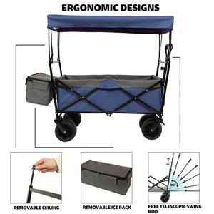 English Elm 480lbs Folding Utility Wagon with Canopy All-terrain Wheels Steel Frame Outdoor Hauler W2932P326773