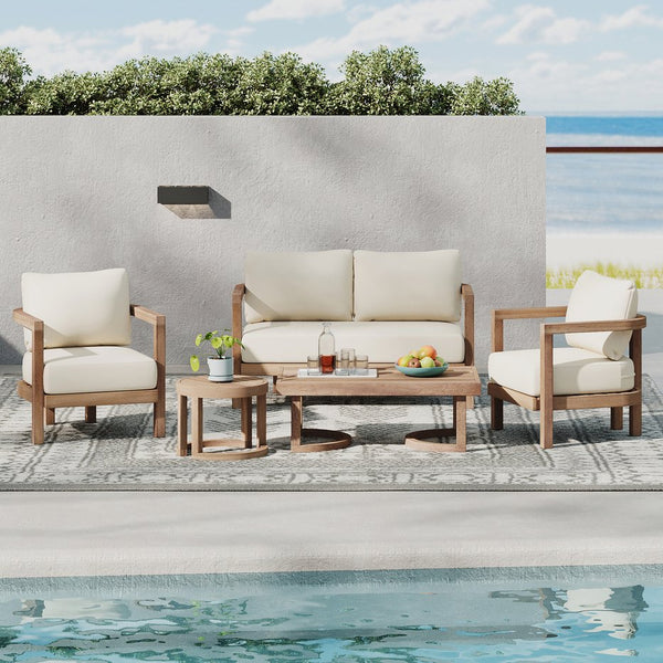 English Elm Christopher Knight Home® - 5-Pieces Acacia Wood Patio Set with Plush Beige Cushions, Coffee & End Tables, Durable Outdoor Seating N780P7230308
