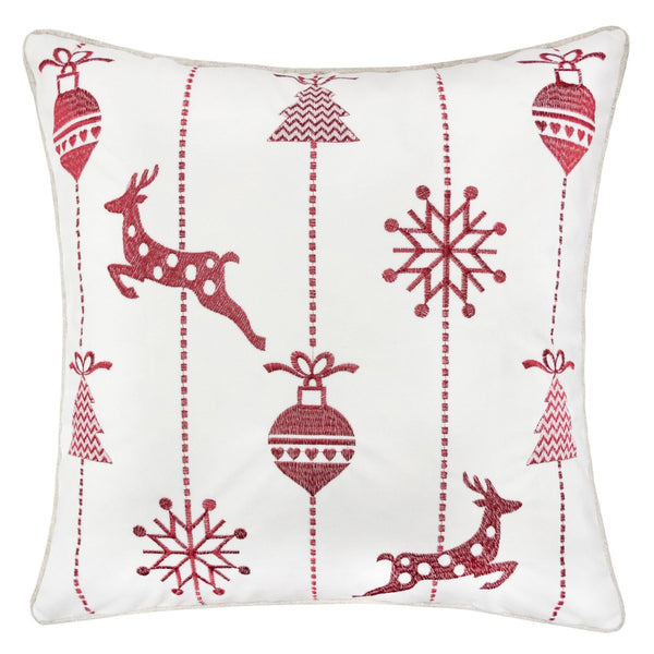 English Elm White Christmas Throw Pillow 20X20 - Elegant Red Embroidered Reindeer & Snowflakes For Festive Cheer B357P361376-GIGA