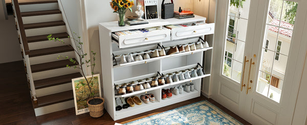 English Elm Wooden Farmhouse Entryway Shoe Cabinet with Six Drawers for Organized Hallway Storage Light White W1580P402825