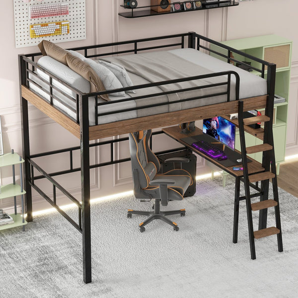 English Elm Metal Full Size Loft Bed with LED Light, Built-In Full-Length Desk, Storage Shelf & Ladder — Space-Saving Industrial Black, Sturdy Metal Frame for Study & Sleep GX001120AAB