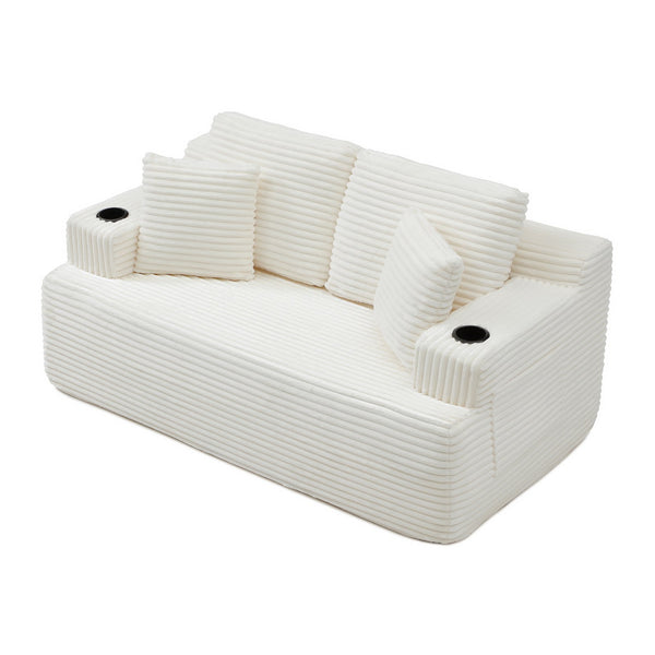 English Elm Boneless Floor Sofa Corduroy Upholstered 5 Seat Low Profile with Cup Holders for Living Room Beige W1117S00437