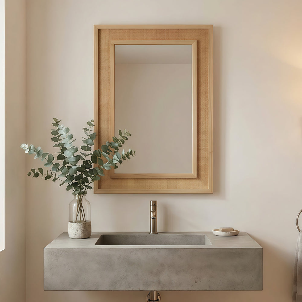 English Elm Natural Rattan Wrapped Solid Wood Rectangular Mirror Handcrafted Farmhouse Bathroom Entryway Natural Wood W2203P436617
