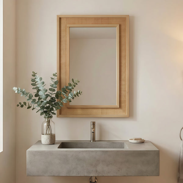 English Elm Natural Rattan Wrapped Solid Wood Rectangular Mirror Handcrafted Farmhouse Bathroom Entryway Natural Wood W2203P436617