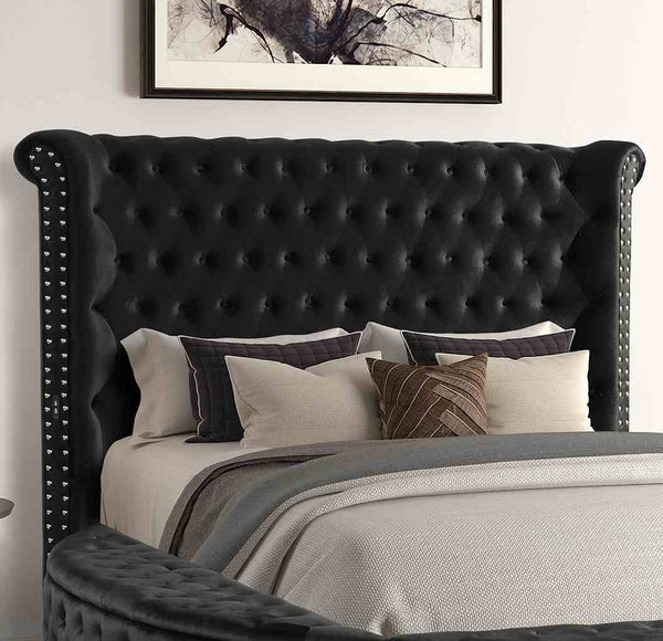 English Elm 1pc Glam Wingback Storage Bed Velvet Tufted Headboard with Usb Eastern King Black B2741S00821
