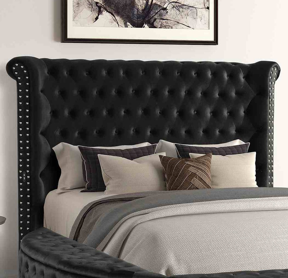 English Elm 1pc Glam Wingback Storage Bed Velvet Tufted Headboard with Usb Eastern King Black B2741S00820