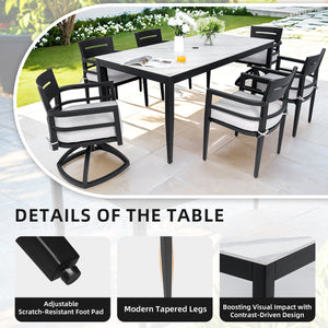 English Elm Modern 7Pc Outdoor Aluminum Dining Set - Sleek Marble-Top Table, 4 Chairs & 2 Swivel Rockers Included W1886S00018