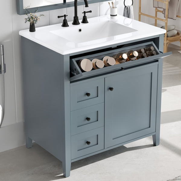English Elm 30-Inch Contemporary Bathroom Vanity with Sink, MDF & Rubberwood, Glossy Finish, 3 Drawers + Cabinet Blue Gray N725P350819E