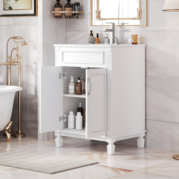English Elm 24'' Bathroom Vanity with Sink - Solid Wood Frame, Glossy Ceramic Basin, Soft-Close Doors & Ample Storage Elegant Modern Design, Durable MDF Construction, Retro Metal Handles, Compact 24-inch Cabinet White N710P317675K