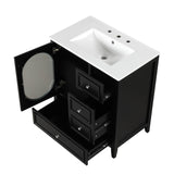 English Elm 30" Bathroom Vanity With Sink, Bathroom Vanity Cabinet With Three Drawers and Door, Solid Wood and Mdf, Black