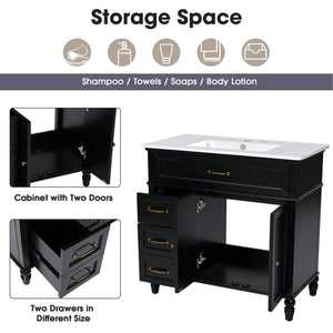 English Elm 36" Modern Bathroom Vanity with Ceramic Sink, Solid Wood + MDF Frame, Sleek Freestanding Design Black N725P195410B