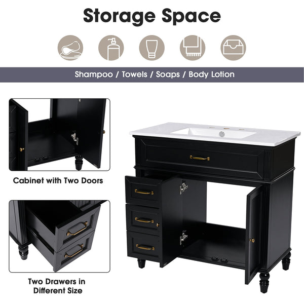 English Elm 36" Modern Bathroom Vanity with Ceramic Sink, Solid Wood + MDF Frame, Sleek Freestanding Design Black N725P195410B