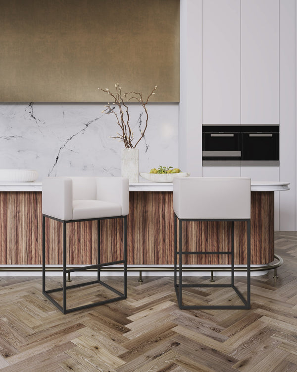 English Elm Embassy Metal Upholstered Barstool with Foam-Padded Faux Leather Seat and Sturdy Footrest Base Cream B365P398456