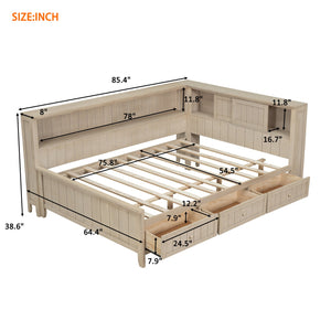 English Elm Full Full Size Wood Daybed with 3 Drawers & Shelves, Antique White Milk Finish — Storage, Charm, 400lb Capacity GX002214AAK