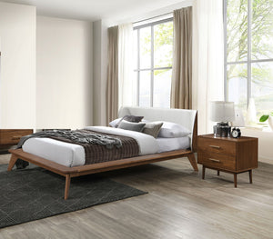 English Elm Gorgeous Mid-Century 3pc Queen Bedroom Set with Beige Boucle Winged Headboard and Tapered Legs Walnut 83 L x 11 W x 8 H B2741S00471
