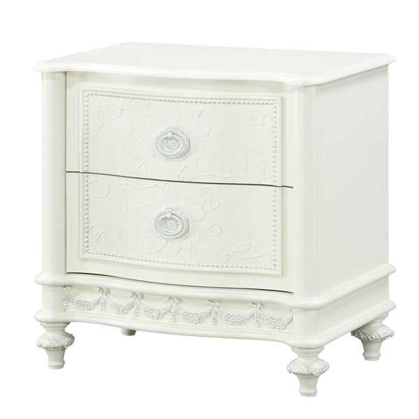 English Elm Ivory Romantic 2-Drawer Nightstand with Floral Ring Pulls, Smooth Metal Glides, Elegant Bedroom Accent B062P209005