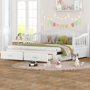 English Elm Wooden Twin Daybed with Trundle and Two Storage Drawers, Solid MDF Frame, Guardrails for Safety and Style White 43.5 L x 24.75 W x 6 H N733S173459K