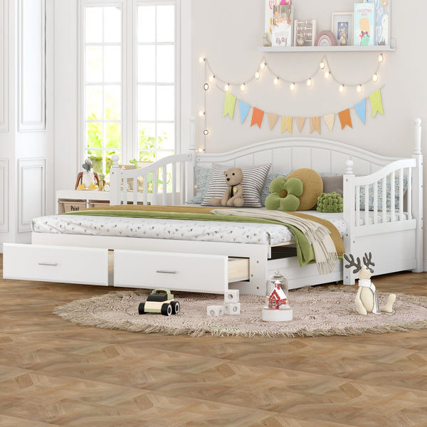 English Elm Wooden Twin Daybed with Trundle and Two Storage Drawers, Solid MDF Frame, Guardrails for Safety and Style White 43.5 L x 24.75 W x 6 H N733S173459K