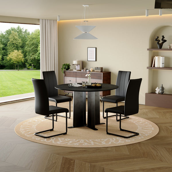 English Elm Round Mdf Dining Table with Gradient Cross Base Compact Modern Seating for Small Spaces Black W3875S00029