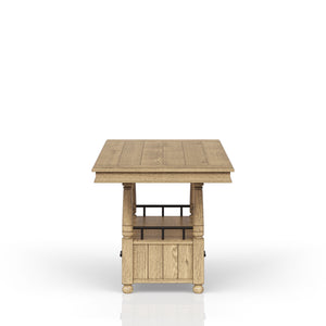 English Elm Counter Elm Veneer Table with Turned Legs and Drawer, Warm Finish, Open Shelf & Metal Rail Caramel 42.25 L x 25 W x 14.5 H B2699S00084