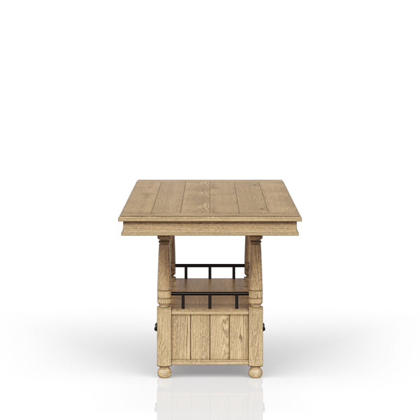 English Elm Counter Elm Veneer Table with Turned Legs and Drawer, Warm Finish, Open Shelf & Metal Rail Caramel 42.25 L x 25 W x 14.5 H B2699S00084