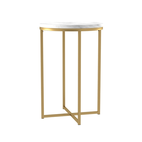 English Elm Walker Edison - Modern Glam X-Leg Round Side Table with Faux White Marble Top and Gold Metal Frame, Chic Accent B185P326693