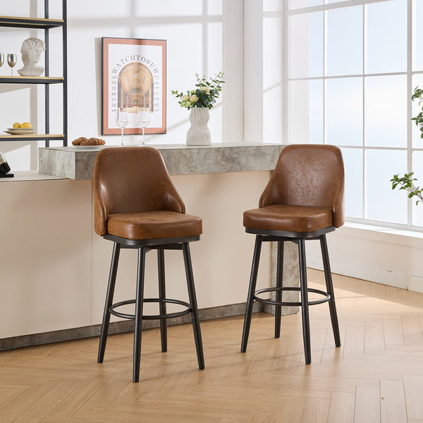 English Elm Swivel Swivel Bar & Counter Stools Set Of 2 - Adjustable 24" To 30", Stylish Brown Pu Leather, Modern Design W1805P166957-GIGA