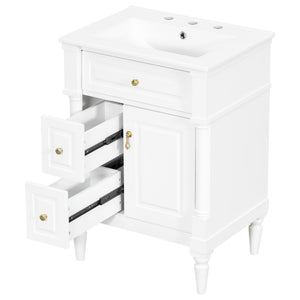 English Elm 24 Inch Freestanding Vanity with Ceramic Sink Rubberwood Frame Matte Finish Storage White N725P356058K