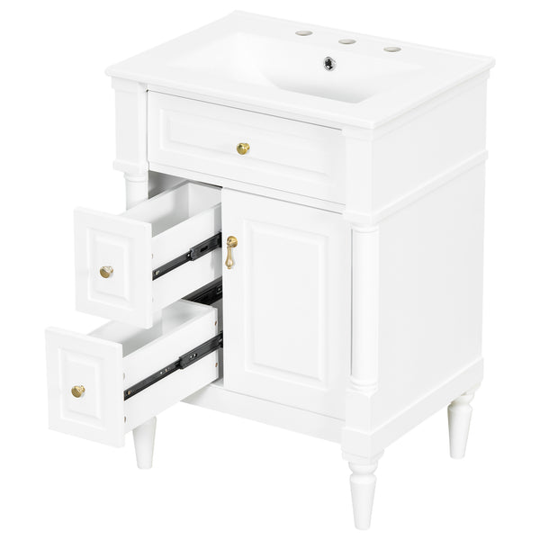 English Elm 24 Inch Freestanding Vanity with Ceramic Sink Rubberwood Frame Matte Finish Storage White N725P356058K